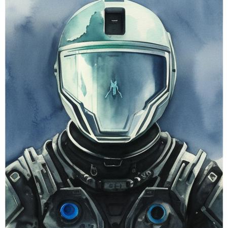 evang, watercolor painting of a humanoid alien with a transparent skull head inside of a futuristic _33472.png